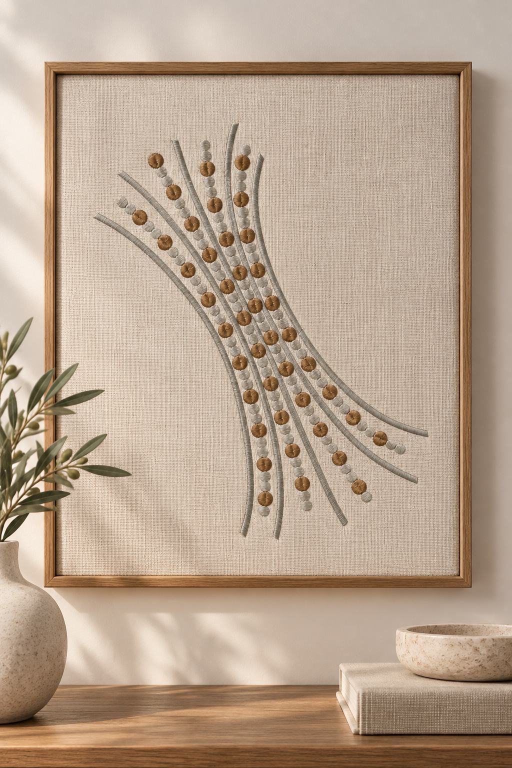Photorealistic sweeping seed dot branch machine embroidery in soft graphite and warm bronze thread on a framed linen art, shown as one fabric-stitched motif