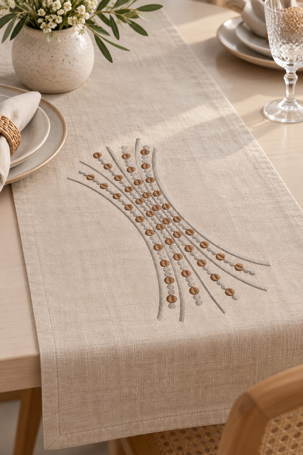 Photorealistic sweeping seed dot branch machine embroidery in soft graphite and warm bronze thread on a linen table runner, shown as one fabric-stitched motif