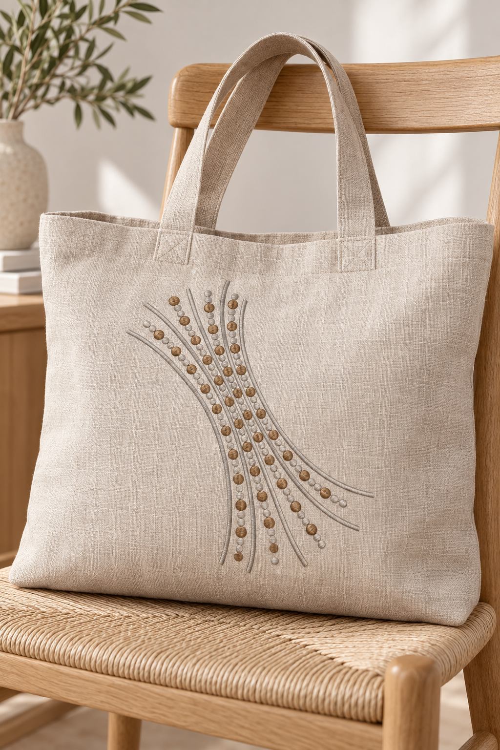 Photorealistic sweeping seed dot branch machine embroidery in soft graphite and warm bronze thread on a linen tote bag, shown as one fabric-stitched motif