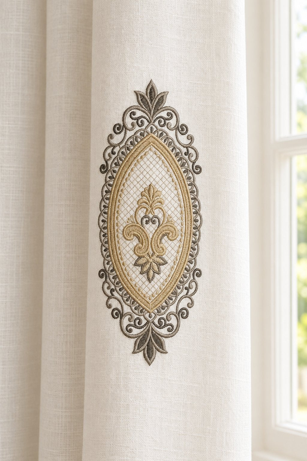 Photorealistic oval fleur filigree frame machine embroidery in graphite and champagne thread on a linen curtain panel, shown as one fabric-stitched motif