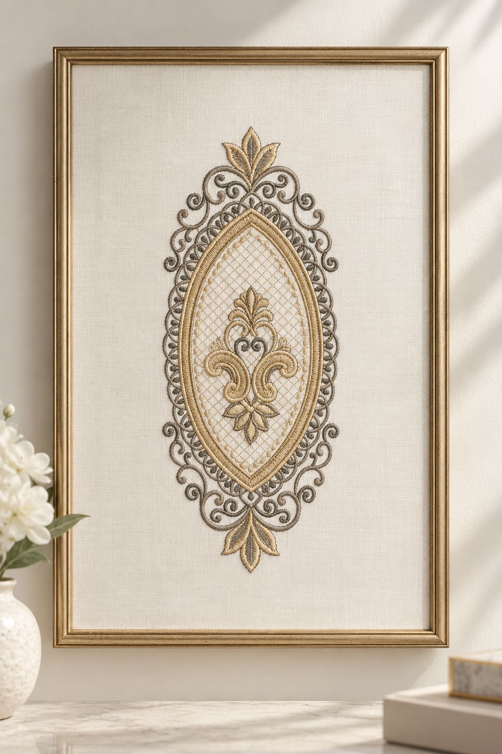 Photorealistic oval fleur filigree frame machine embroidery in graphite and champagne thread on a framed linen art, shown as one fabric-stitched motif