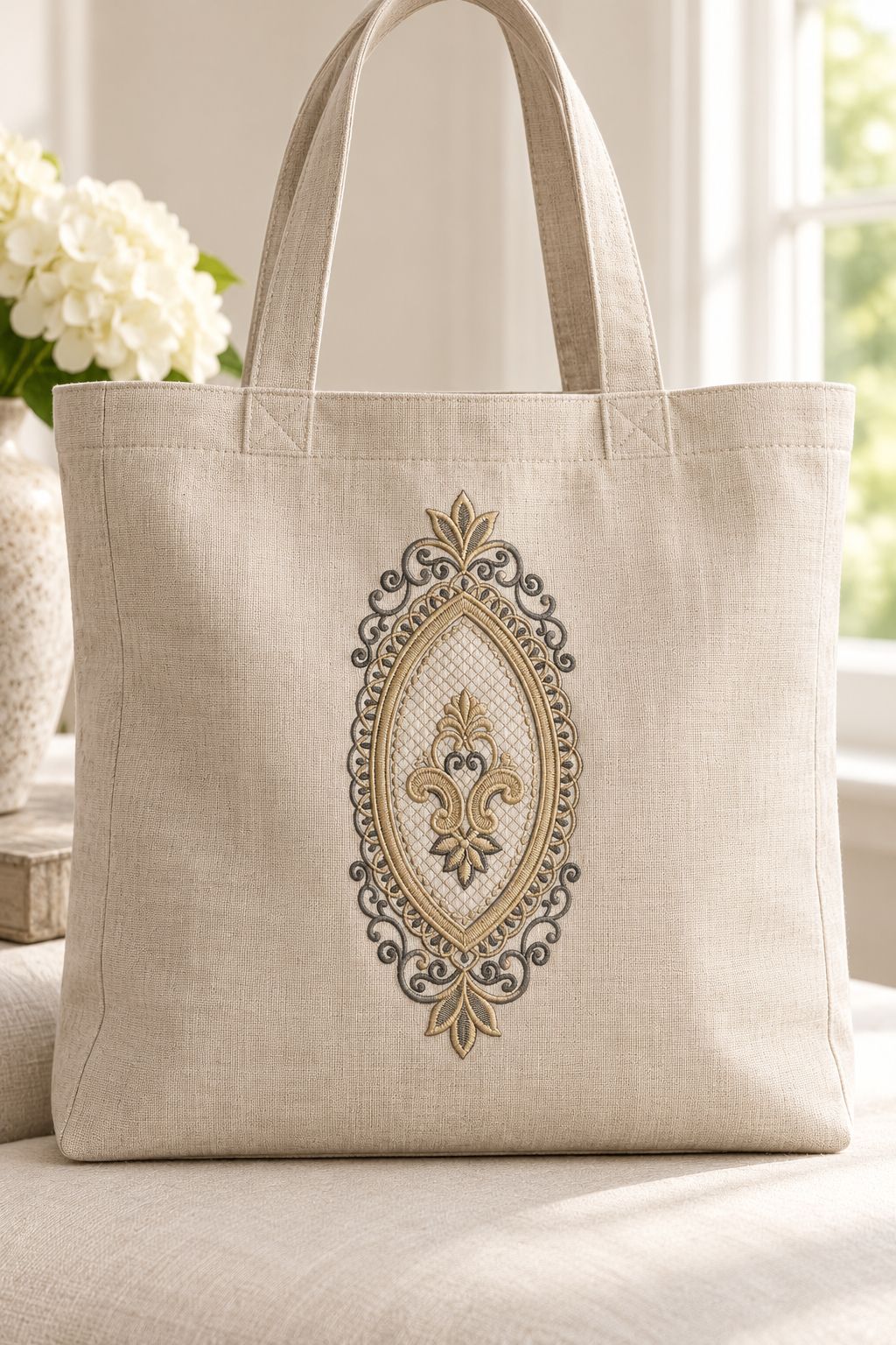 Photorealistic oval fleur filigree frame machine embroidery in graphite and champagne thread on a large linen tote, shown as one fabric-stitched motif