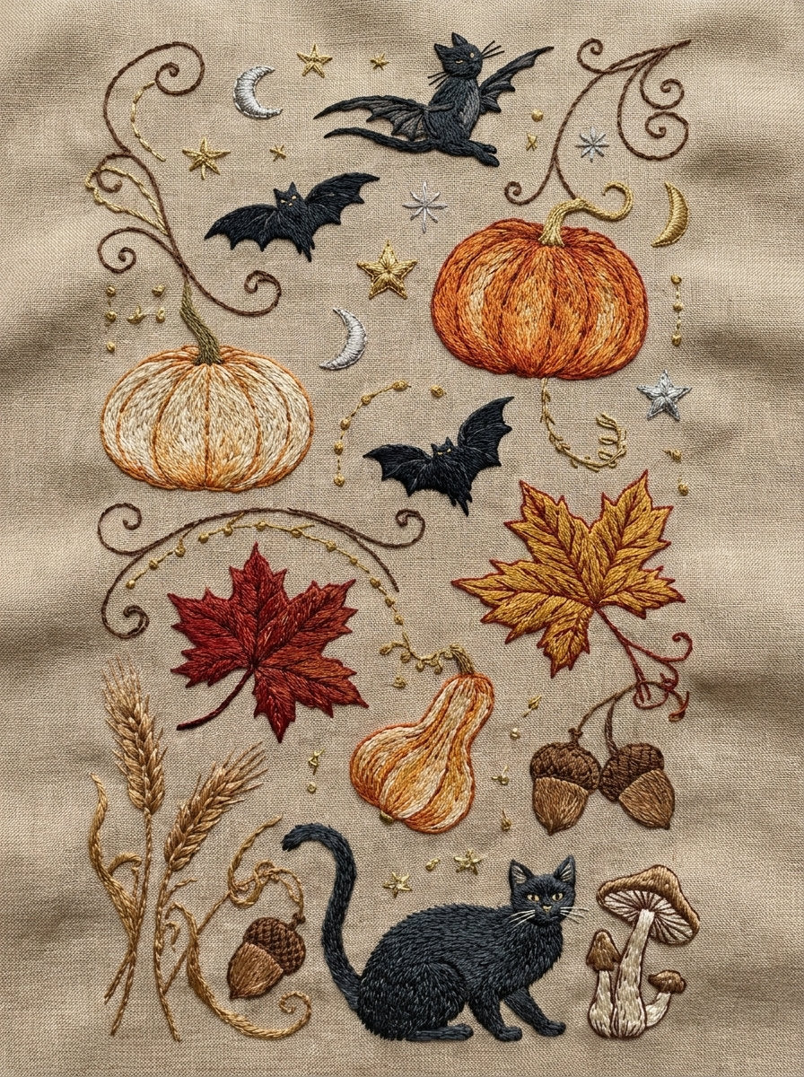 Halloween Autumn Home Linen Collection from Halloween & Autumn Embroidery Book 2, a digital embroidery design reference for machine embroidery designs, embroidery patterns and linen and home textile projects.