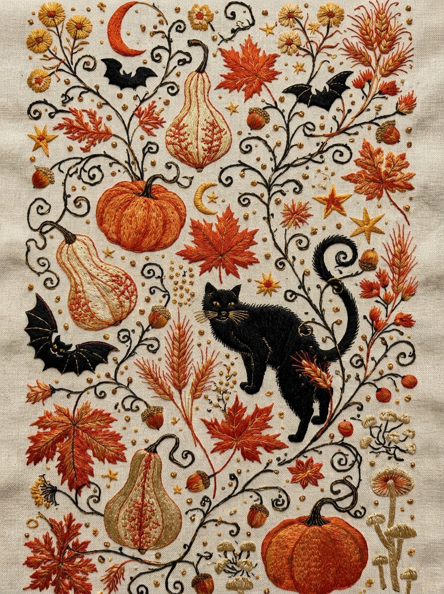 Halloween Autumn Home Linen Library 02 from Halloween & Autumn Embroidery Book 4, a digital embroidery design reference for machine embroidery designs, embroidery patterns and linen and home textile projects.
