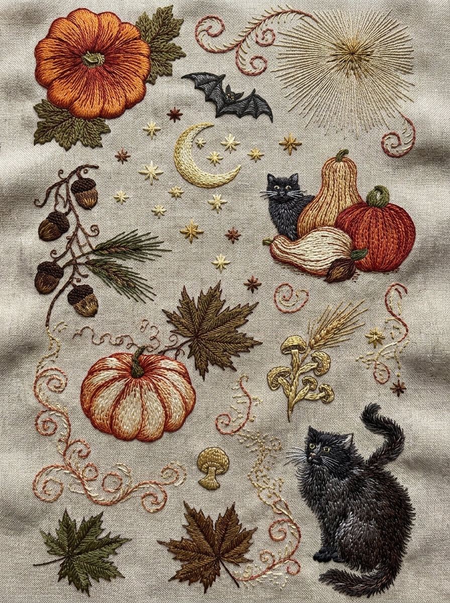 Halloween Autumn Home Linen Library from Halloween & Autumn Embroidery Book 4, a digital embroidery design reference for machine embroidery designs, embroidery patterns and linen and home textile projects.