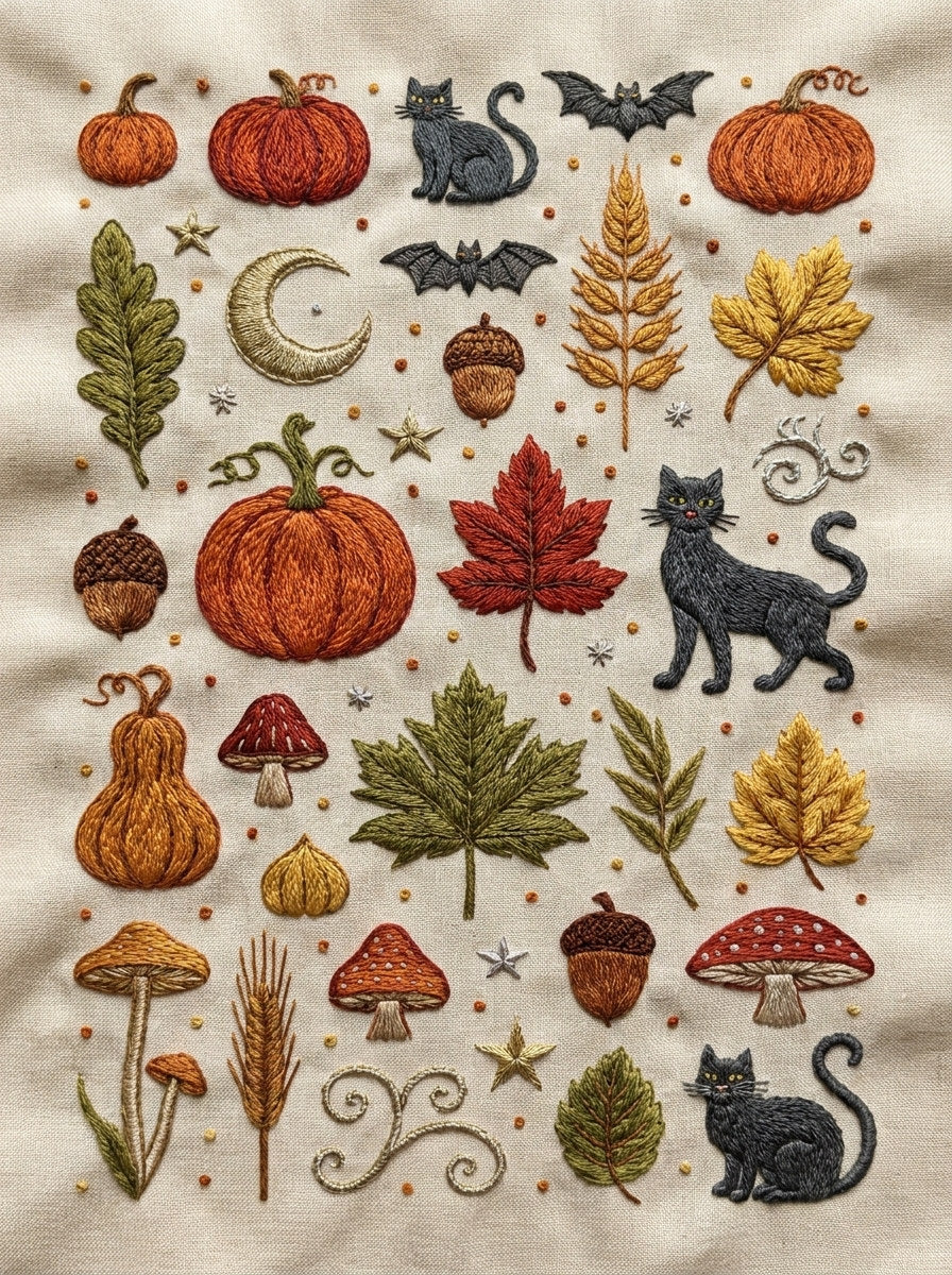 Halloween Mini Motif Collection Plate from Halloween & Autumn Embroidery Book 2, a digital embroidery design reference for machine embroidery designs, embroidery patterns and seasonal embroidery motifs.