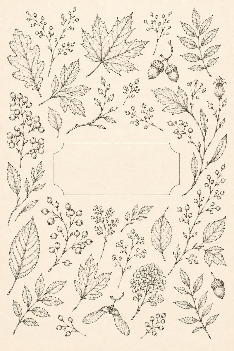 Autumn Botanical Label Frame original botanical drawing and hand embroidery pattern reference