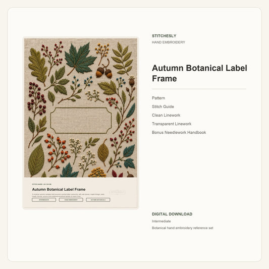 Autumn Botanical Label Frame hand embroidery pattern and stitch guide digital cover preview