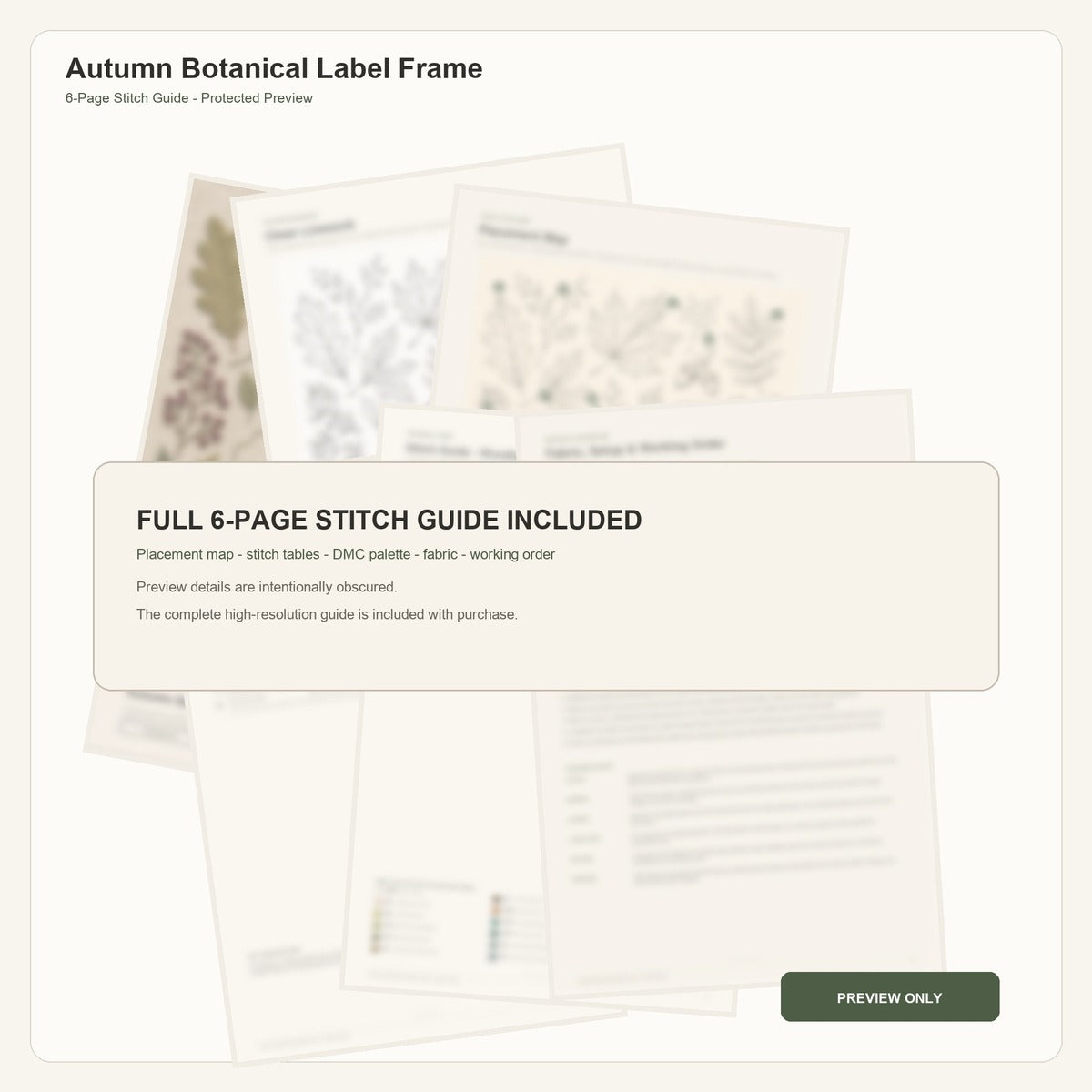 Autumn Botanical Label Frame protected six-page stitch guide overview with intentionally obscured technical details