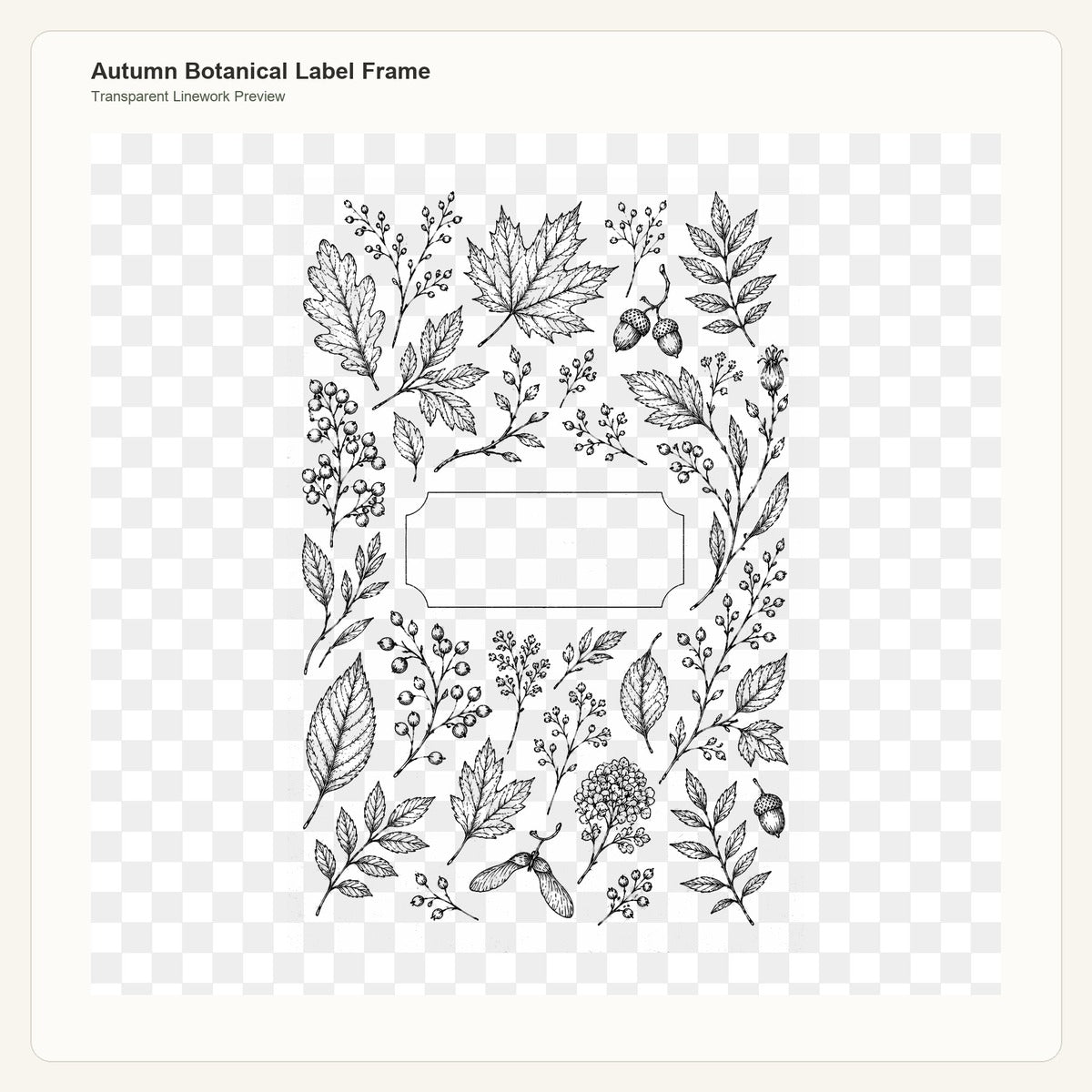 Autumn Botanical Label Frame transparent linework PNG preview for embroidery pattern transfer