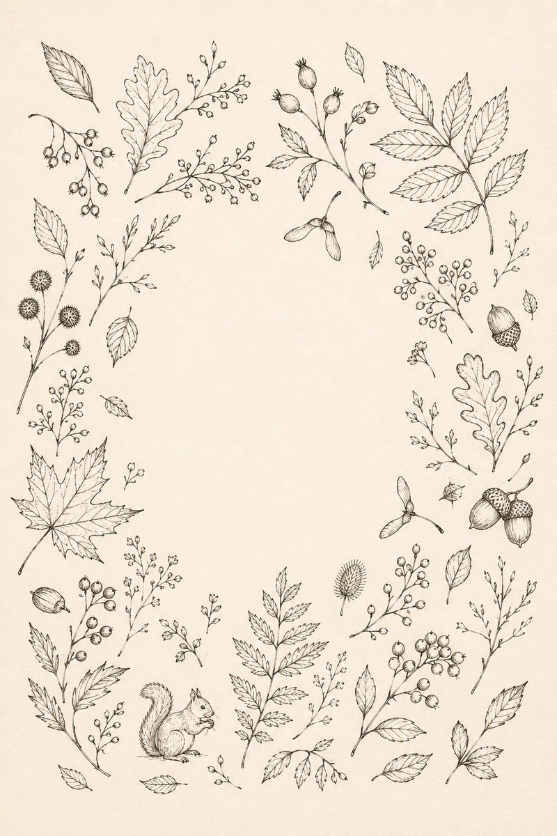 Autumn Woodland Frame original botanical drawing and hand embroidery pattern reference