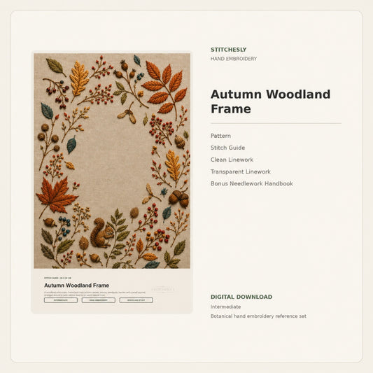 Autumn Woodland Frame hand embroidery pattern and stitch guide digital cover preview