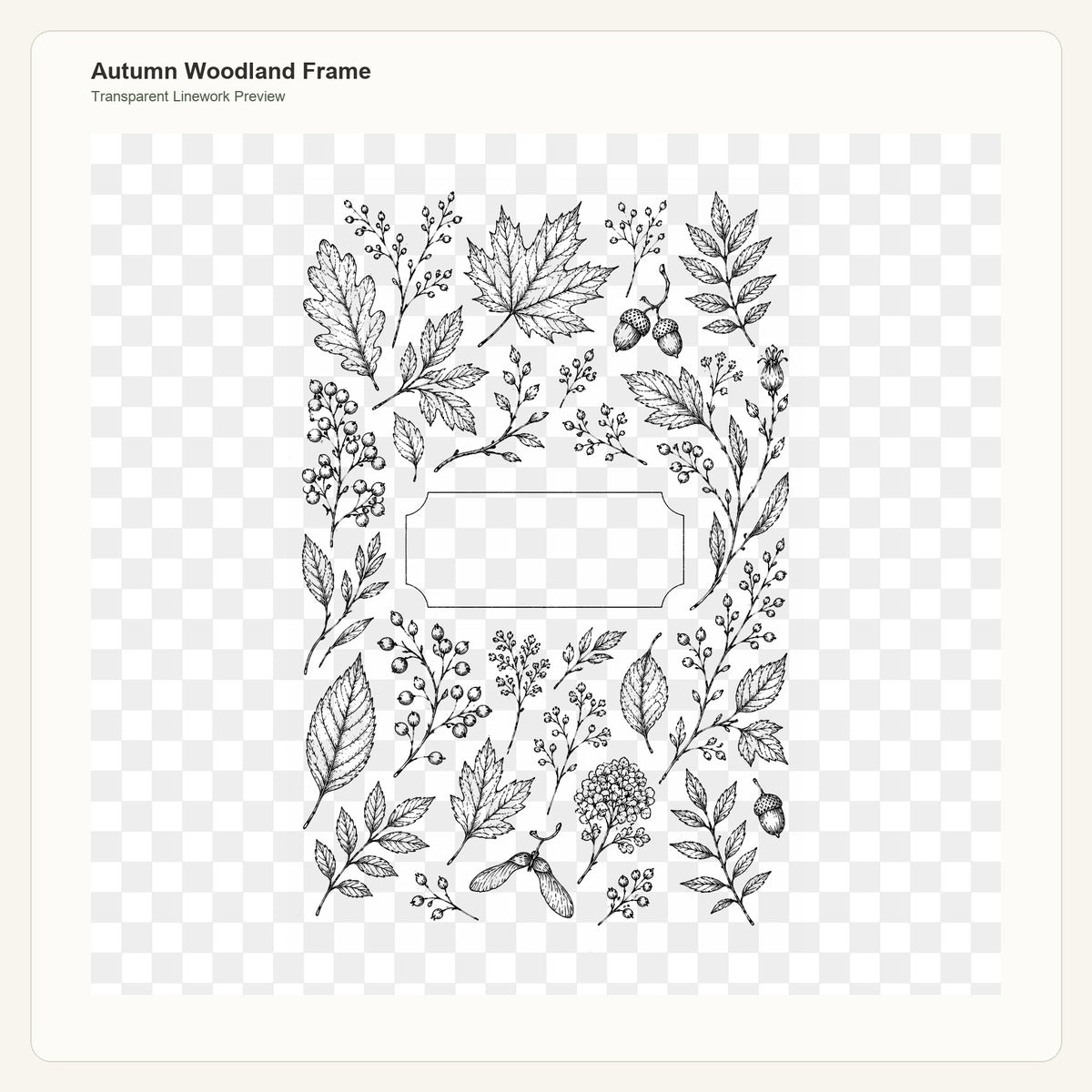 Autumn Woodland Frame transparent linework PNG preview for embroidery pattern transfer