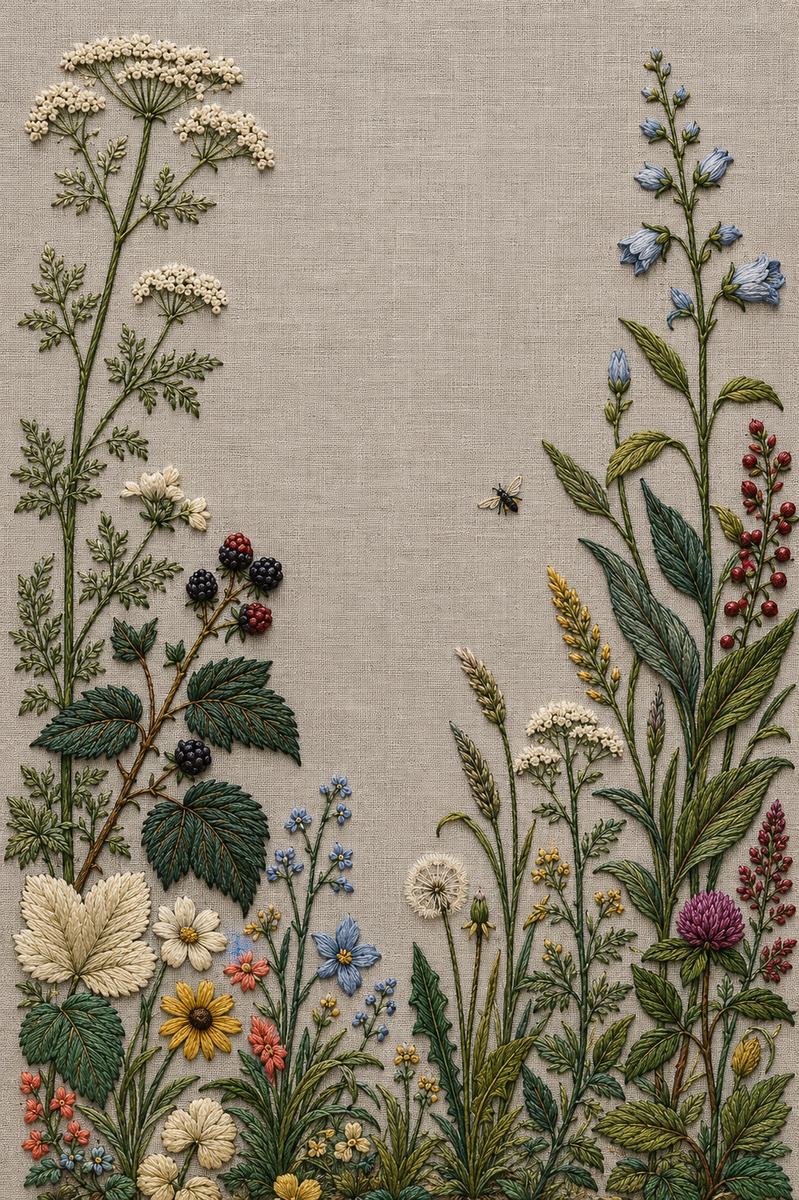 Wild Meadow Border finished embroidery reference included in Complete Botanical Hand Embroidery Collection
