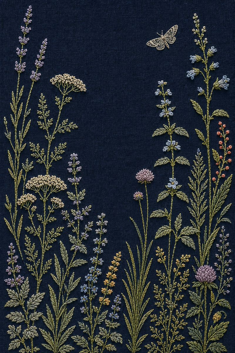 Midnight Meadow finished embroidery reference included in Complete Botanical Hand Embroidery Collection