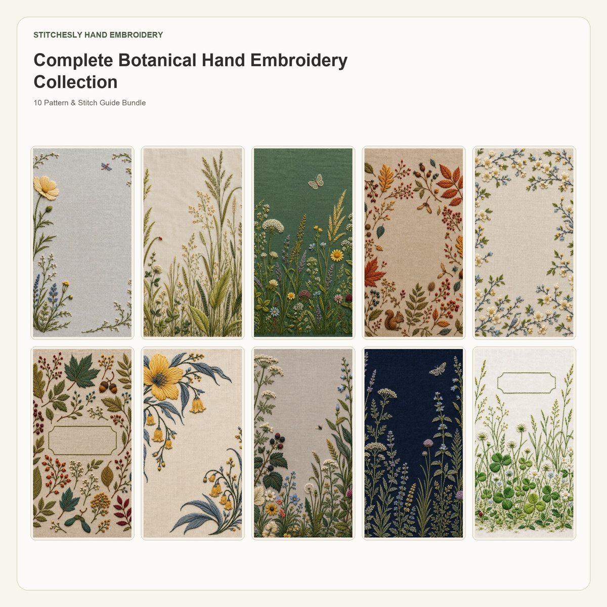 Complete Botanical Hand Embroidery Collection 10 hand embroidery pattern bundle cover