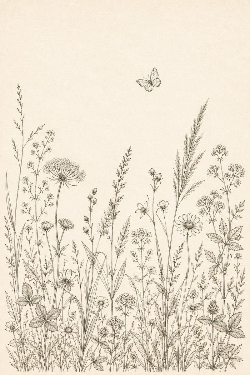 Deep Green Meadow original botanical drawing and hand embroidery pattern reference