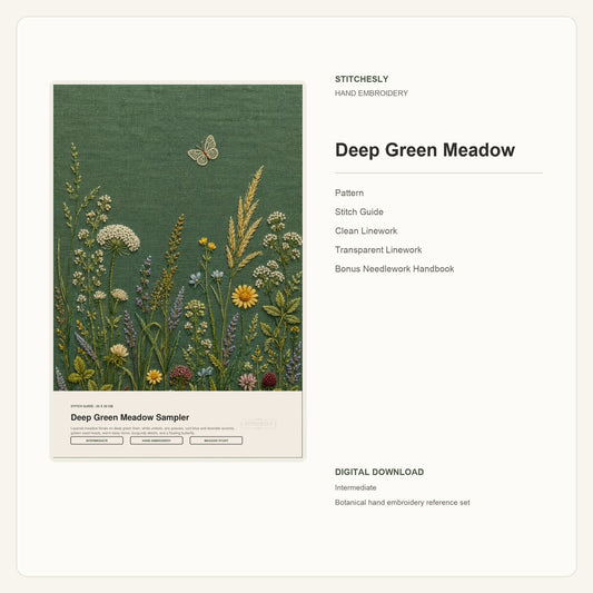 Deep Green Meadow hand embroidery pattern and stitch guide digital cover preview