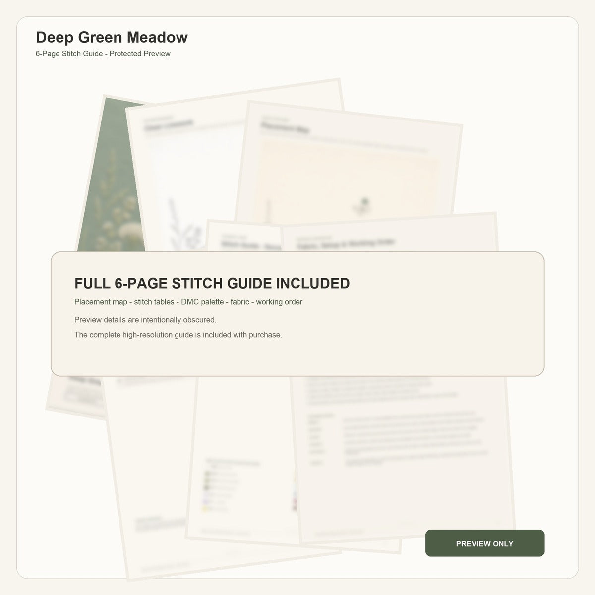 Deep Green Meadow protected six-page stitch guide overview with intentionally obscured technical details