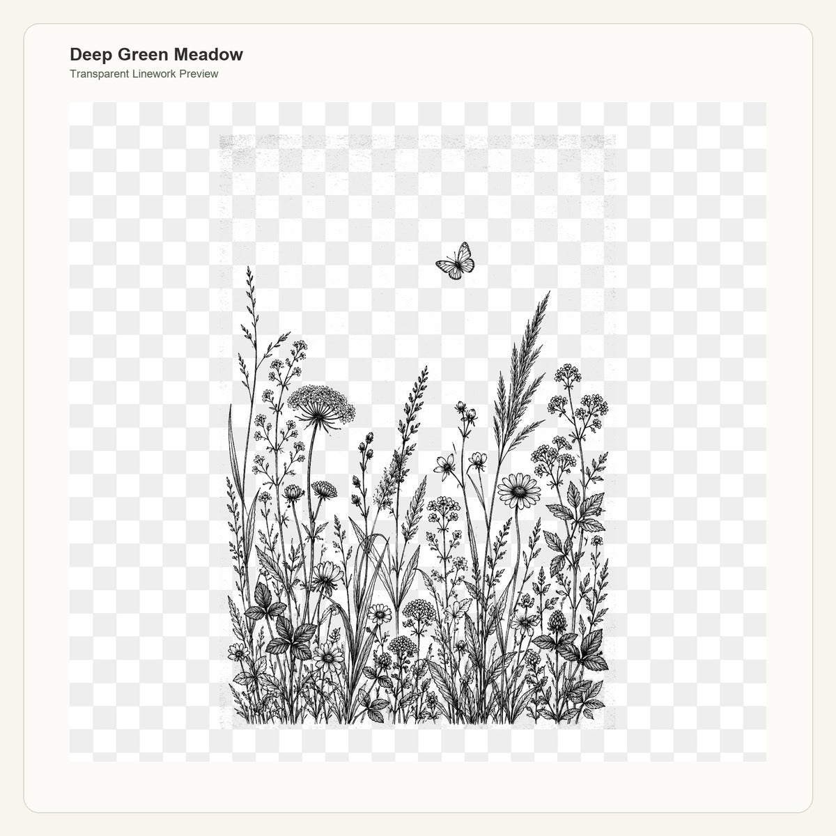 Deep Green Meadow transparent linework PNG preview for embroidery pattern transfer