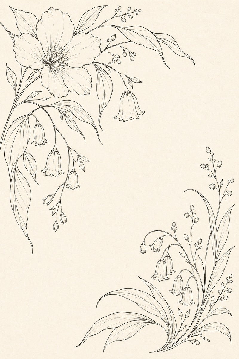 Golden Bellflower Corners original botanical drawing and hand embroidery pattern reference