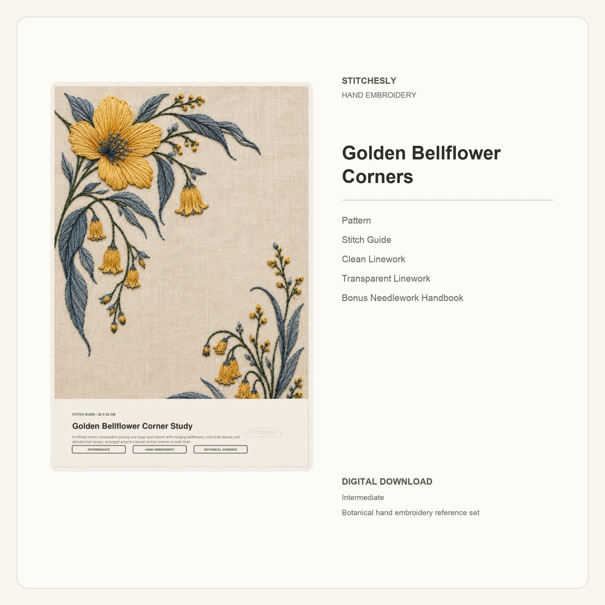 Golden Bellflower Corners hand embroidery pattern and stitch guide digital cover preview