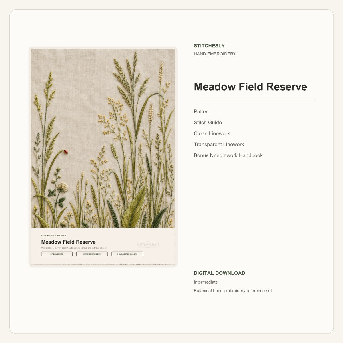 Meadow Field Reserve hand embroidery pattern and stitch guide digital cover preview