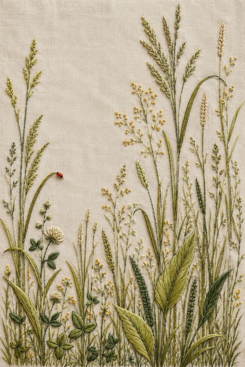 Meadow Field Reserve finished embroidered botanical reference on fabric