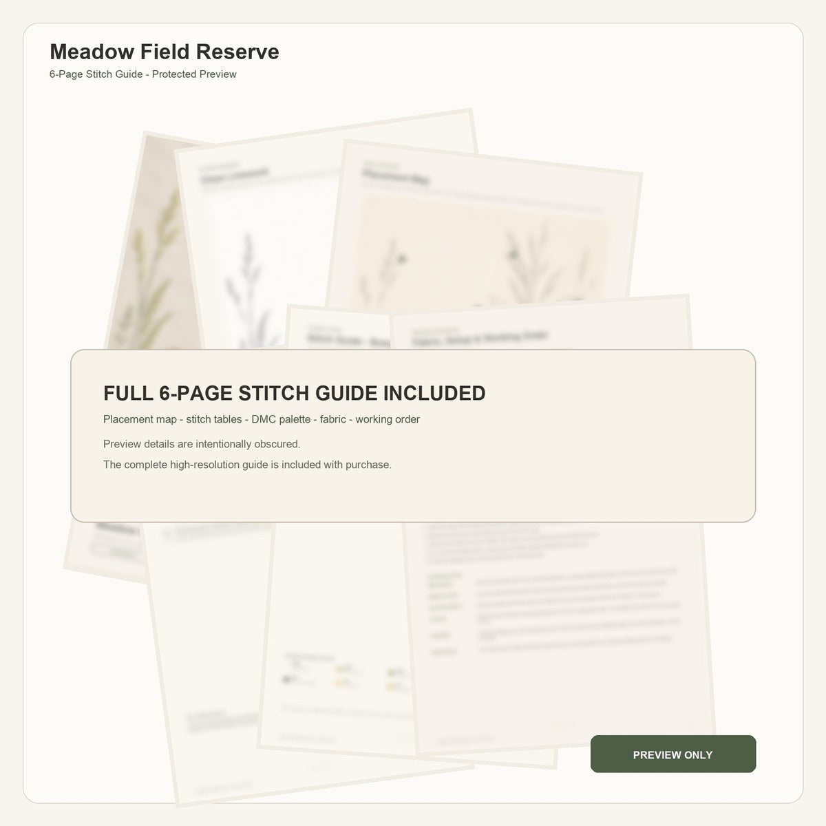 Meadow Field Reserve protected six-page stitch guide overview with intentionally obscured technical details