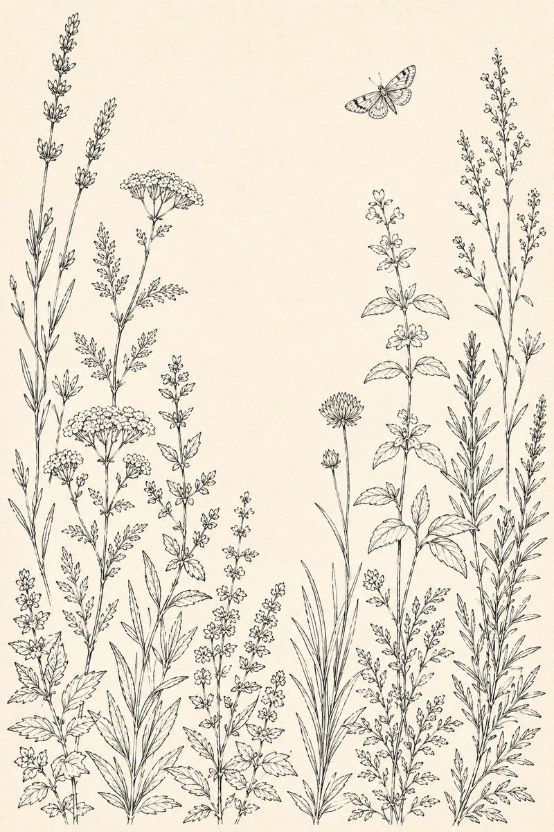 Midnight Meadow original botanical drawing and hand embroidery pattern reference