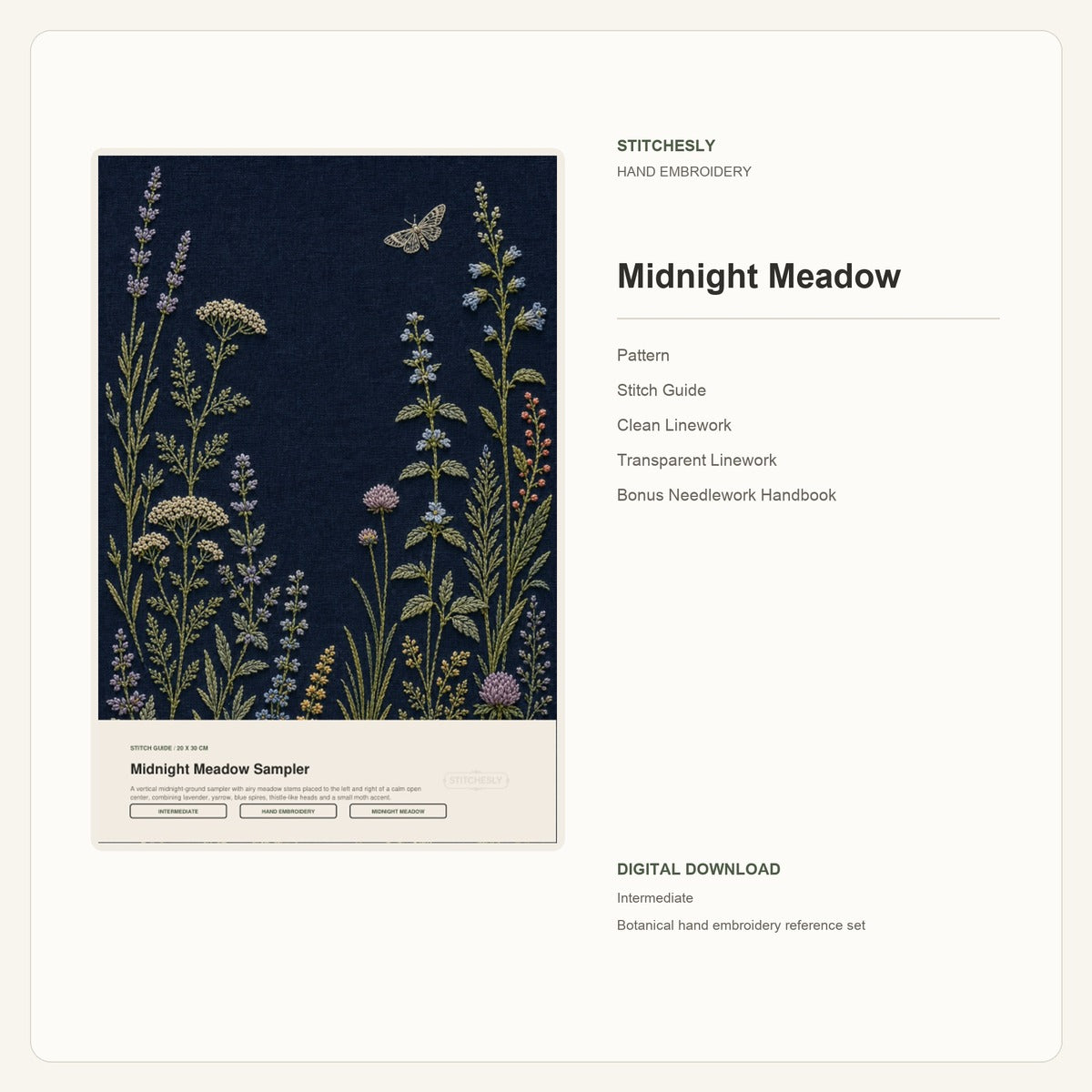 Midnight Meadow hand embroidery pattern and stitch guide digital cover preview