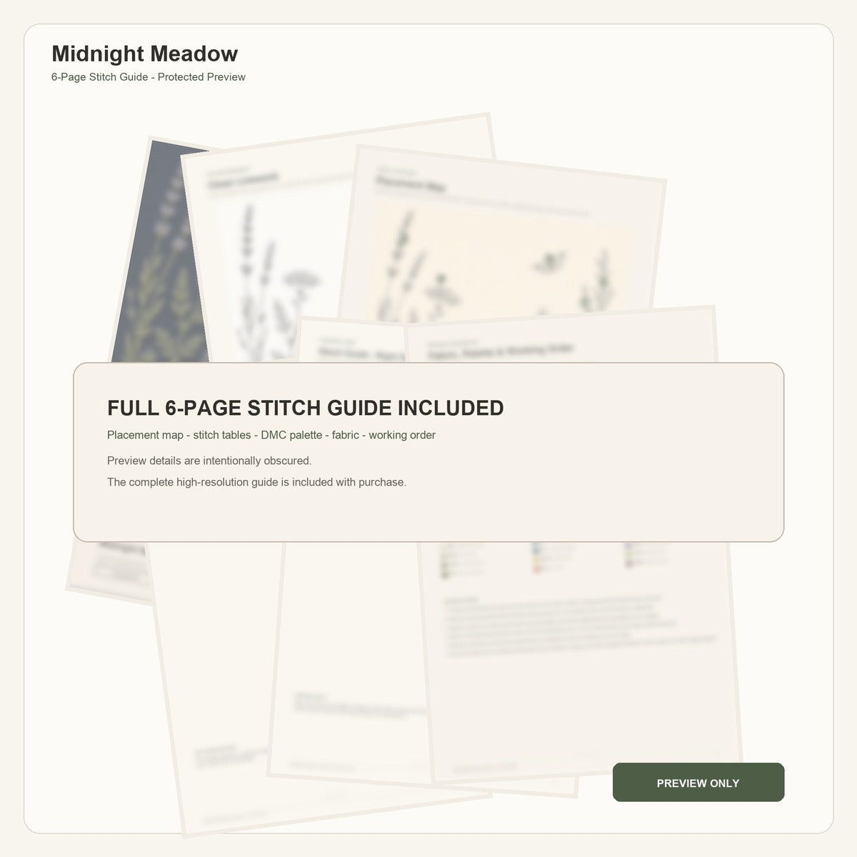 Midnight Meadow protected six-page stitch guide overview with intentionally obscured technical details