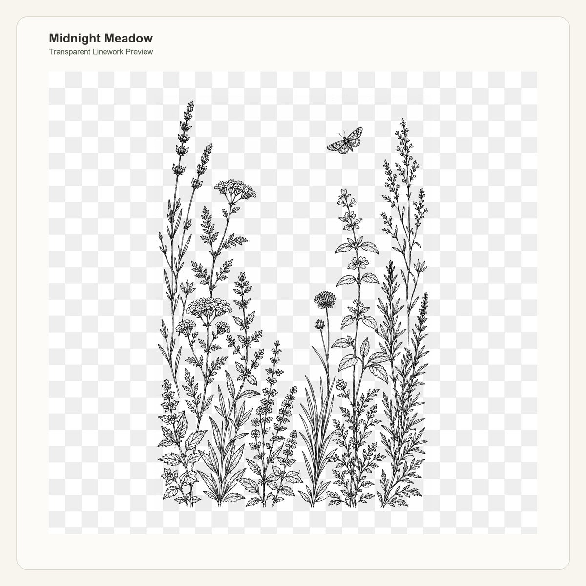 Midnight Meadow transparent linework PNG preview for embroidery pattern transfer