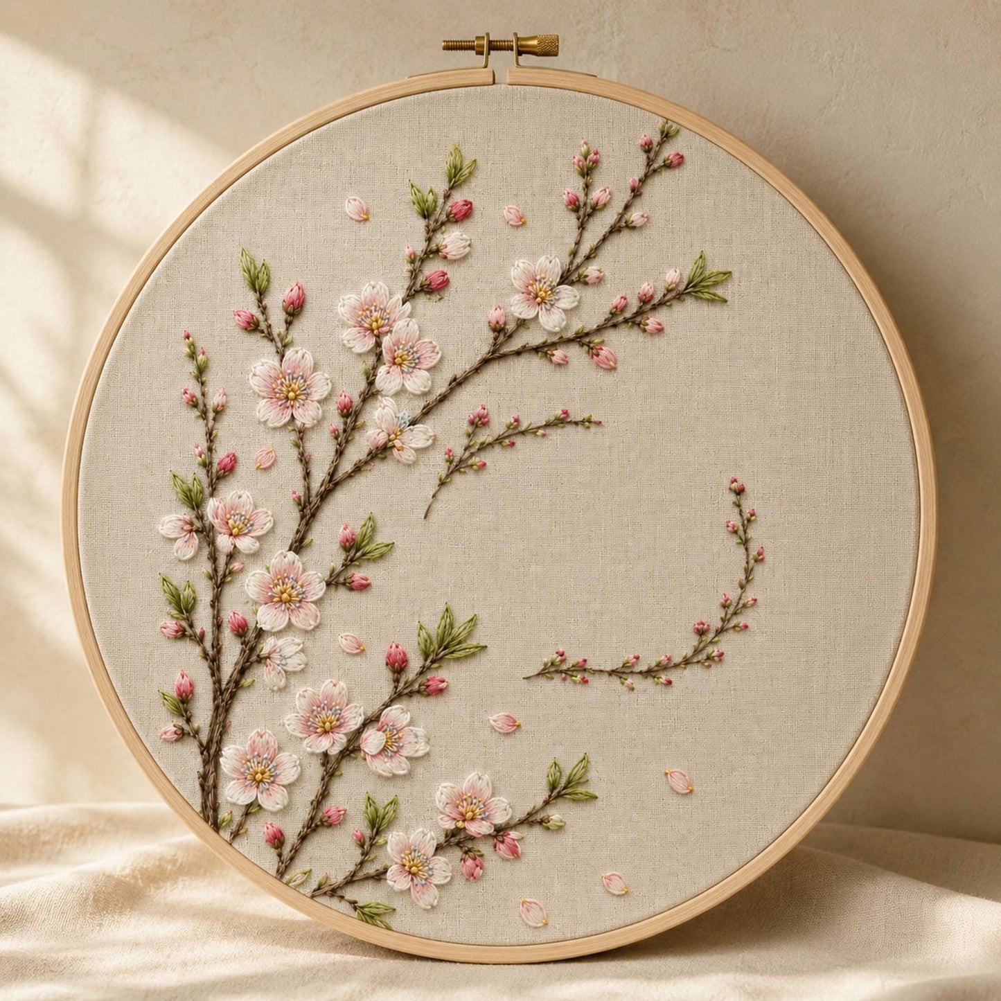 Almond Blossom Early Spring finished hoop hero for the digital hand embroidery pattern and stitch guide