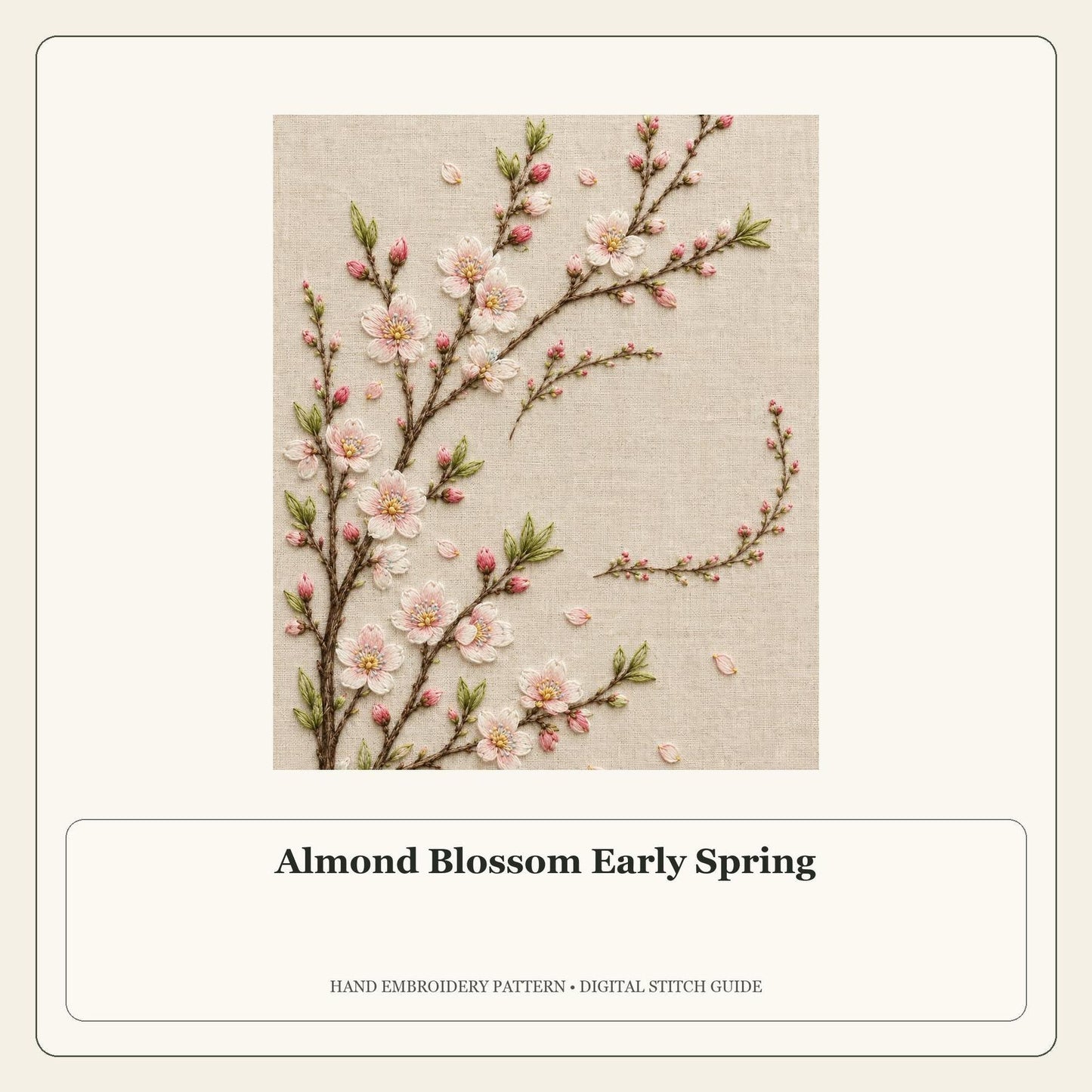 Almond Blossom Early Spring stitch guide cover for the digital hand embroidery pattern and stitch guide