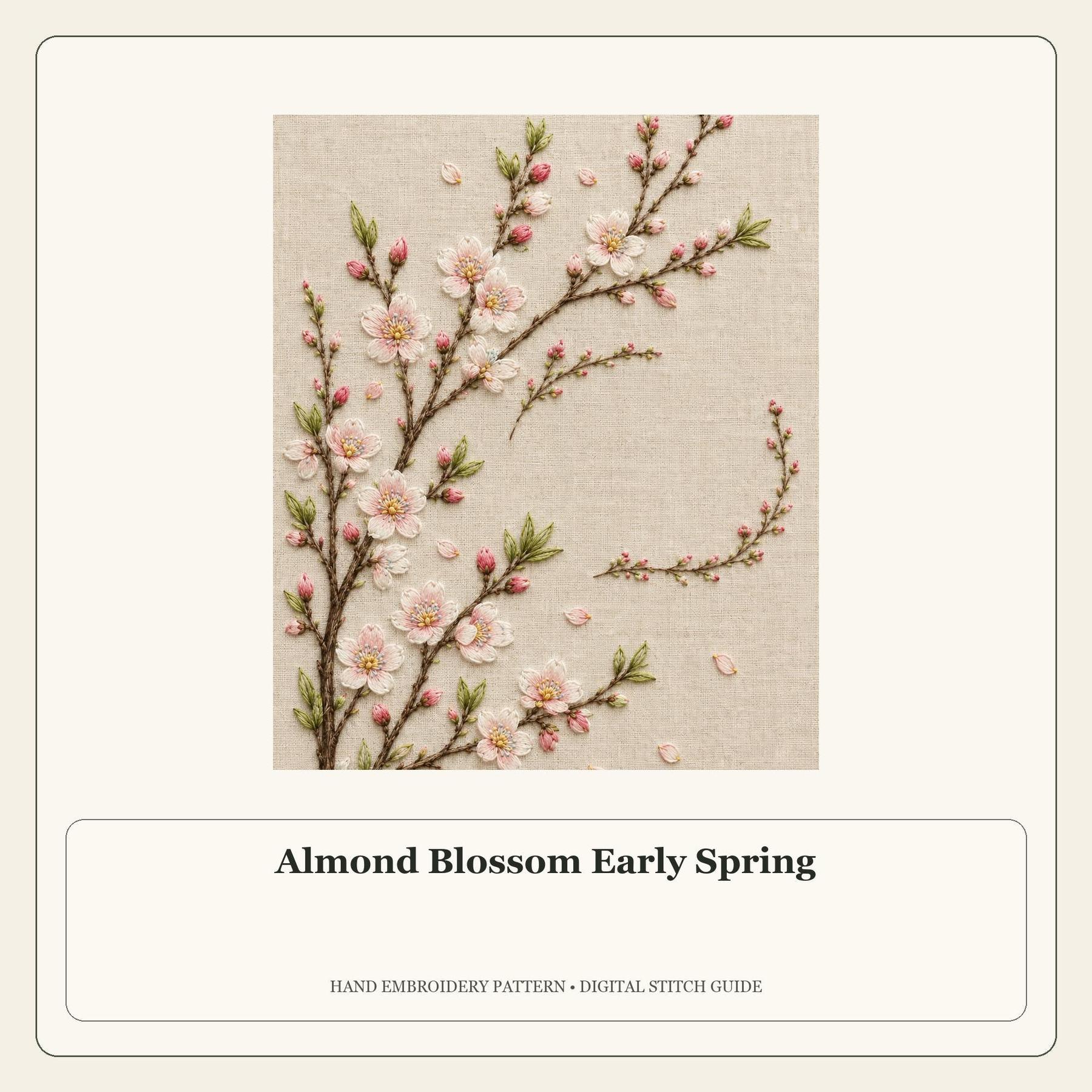 Almond Blossom Early Spring stitch guide cover for the digital hand embroidery pattern and stitch guide