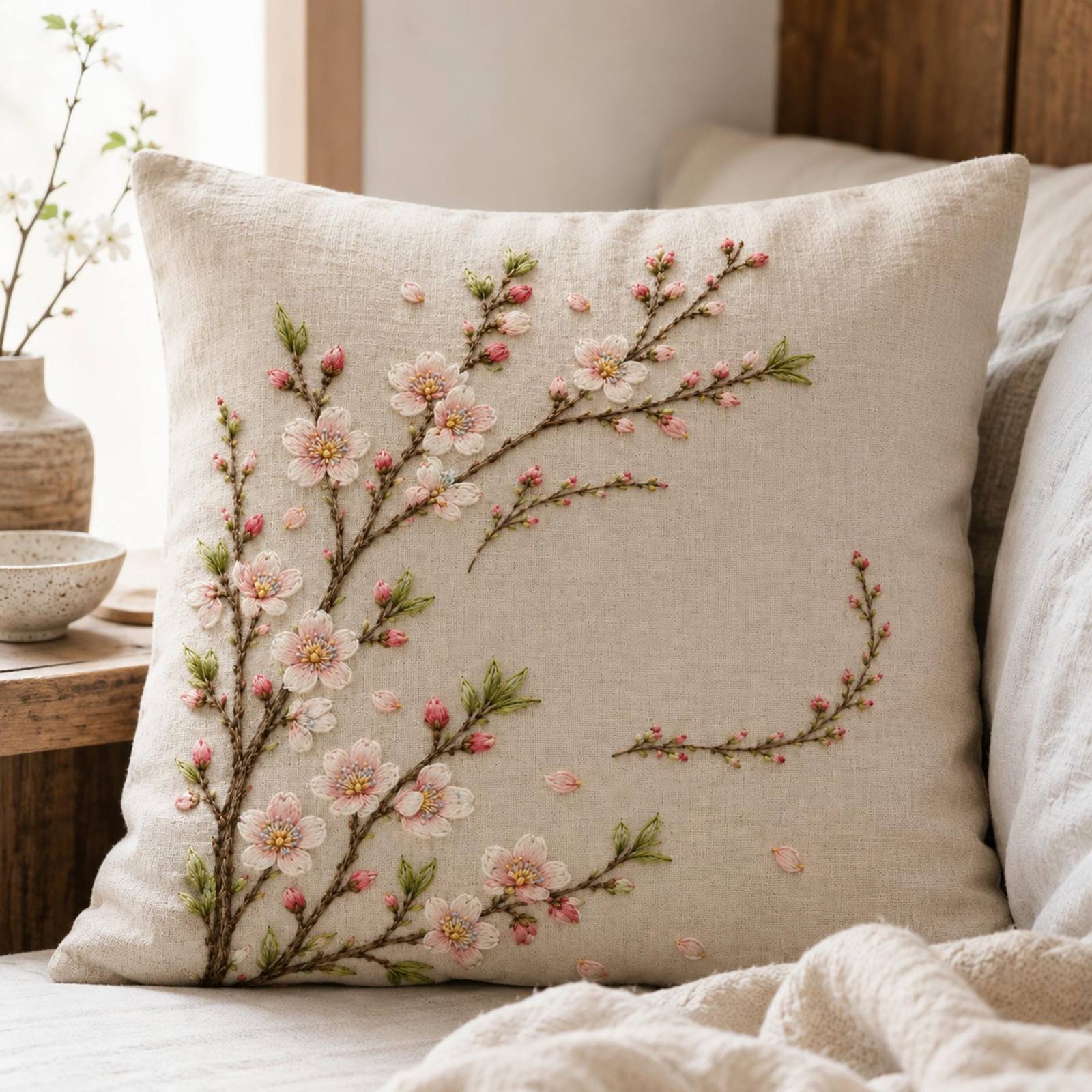 Almond Blossom Early Spring stitch detail closeup for the digital hand embroidery pattern and stitch guide