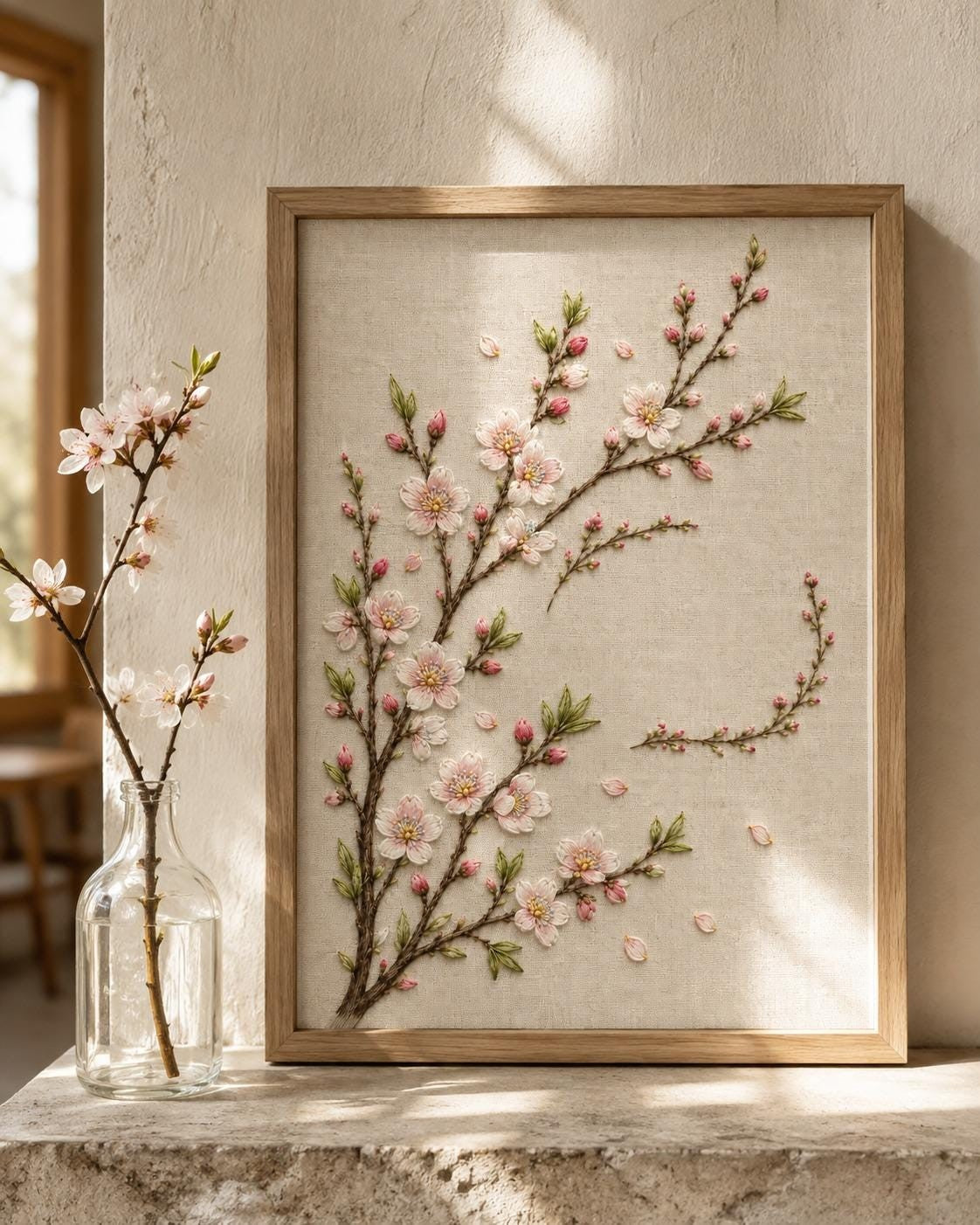 Almond Blossom Early Spring finished design flatlay for the digital hand embroidery pattern and stitch guide