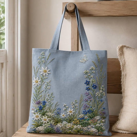Alpine Flower Stone Blue finished hoop hero for the digital hand embroidery pattern and stitch guide
