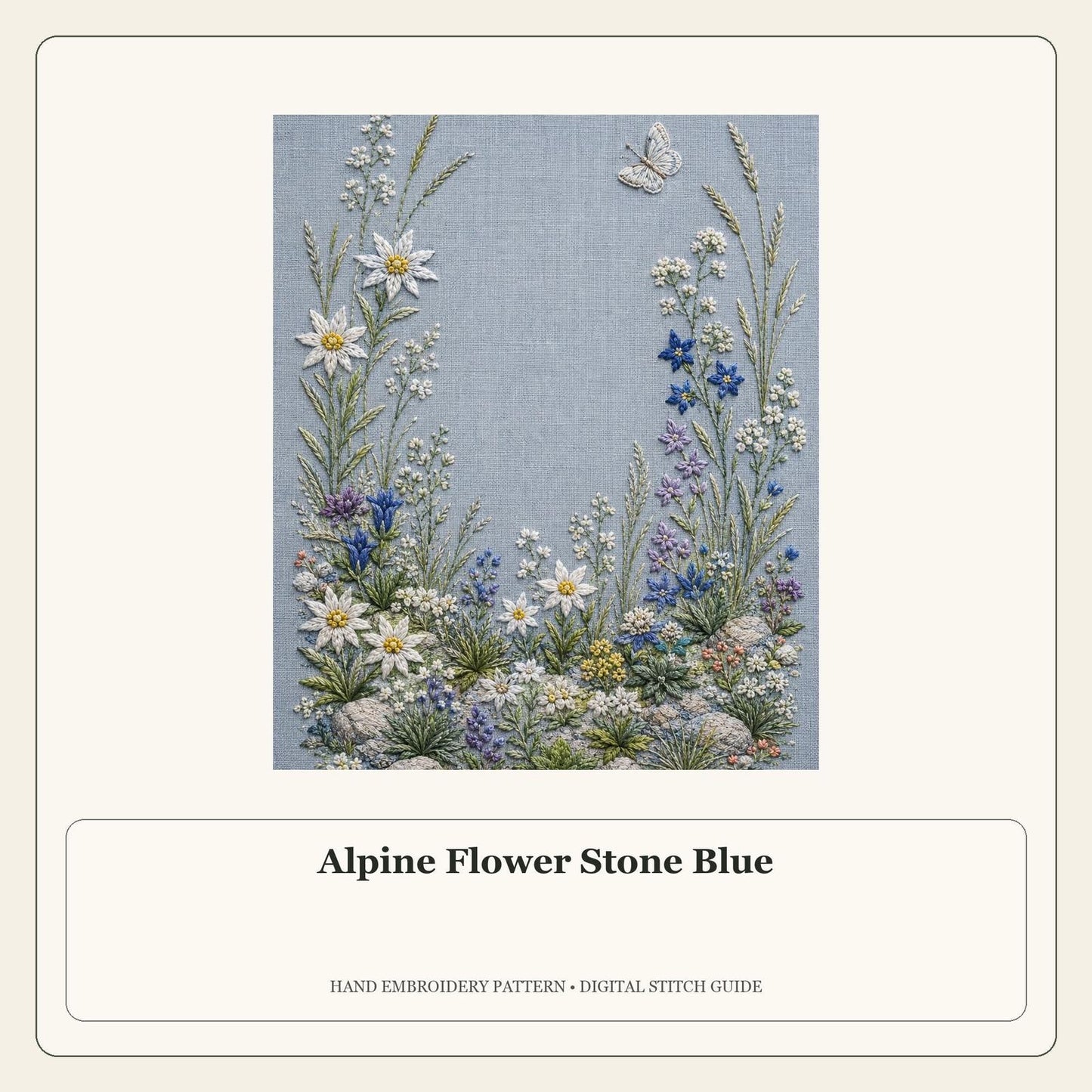 Alpine Flower Stone Blue stitch guide cover for the digital hand embroidery pattern and stitch guide