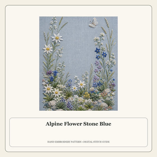 Alpine Flower Stone Blue stitch guide cover for the digital hand embroidery pattern and stitch guide