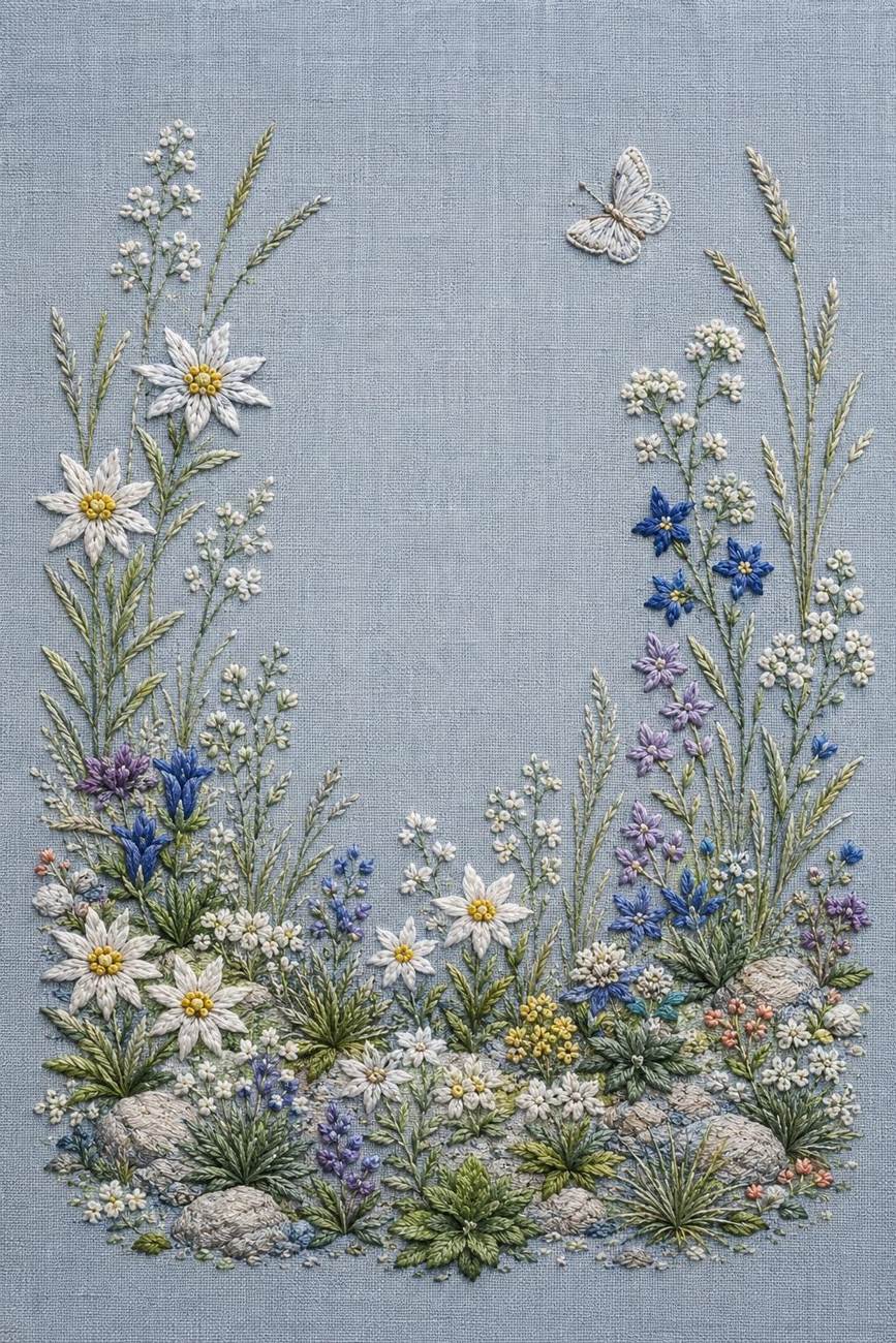Alpine Flower Stone Blue finished embroidery reference for the digital hand embroidery pattern and stitch guide