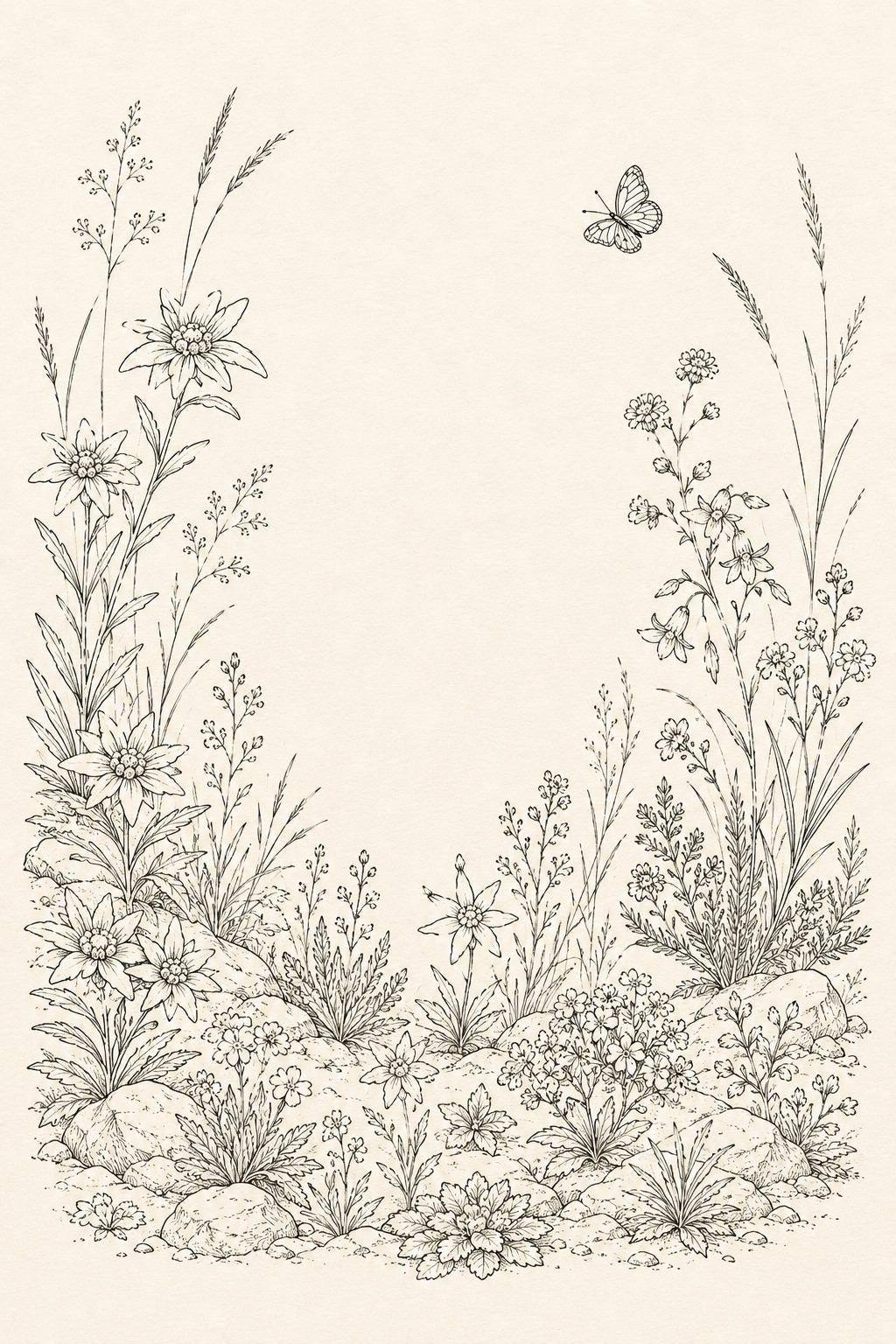 Alpine Flower Stone Blue transfer linework preview for the digital hand embroidery pattern and stitch guide