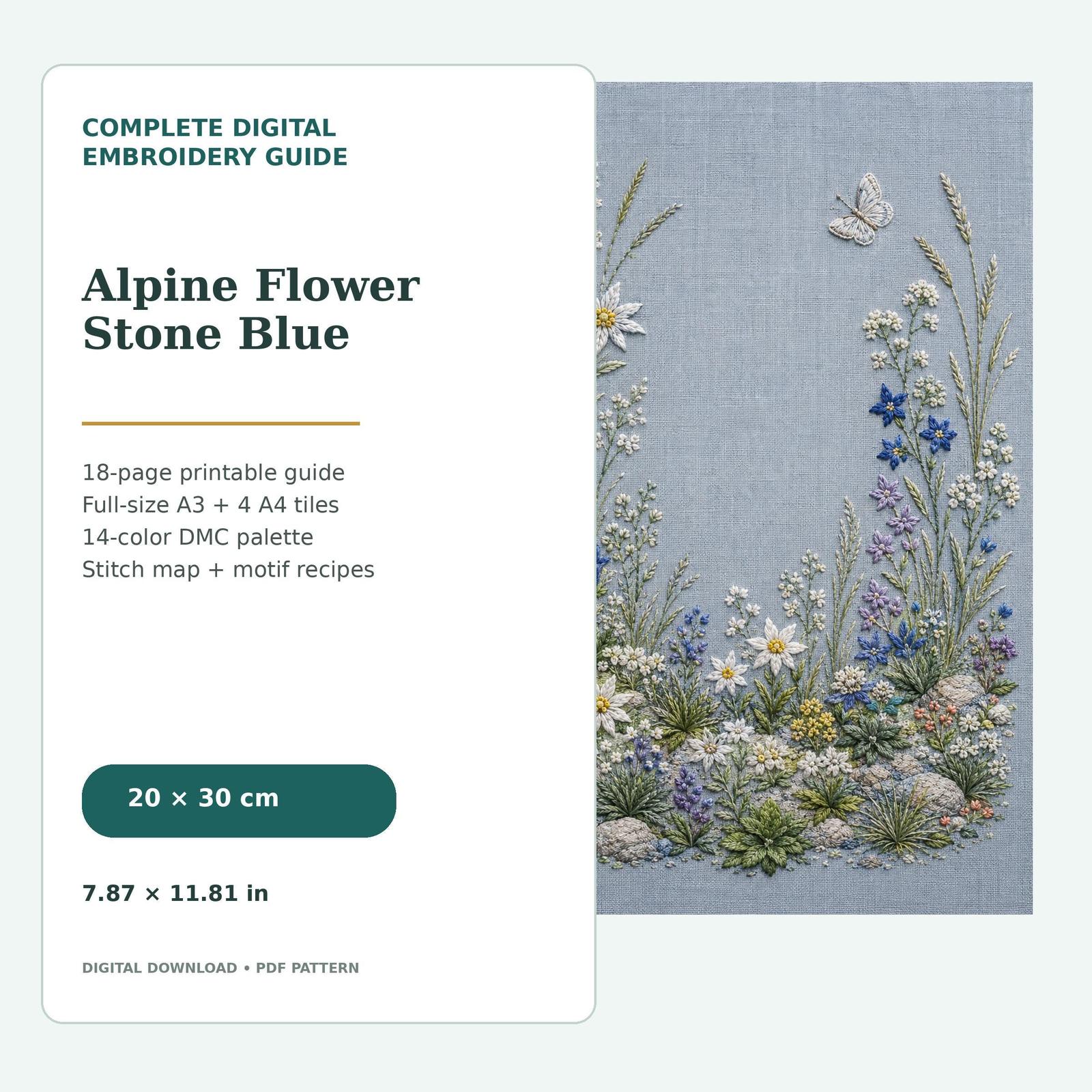Alpine Flower Stone Blue pattern edition overview for the digital hand embroidery pattern and stitch guide