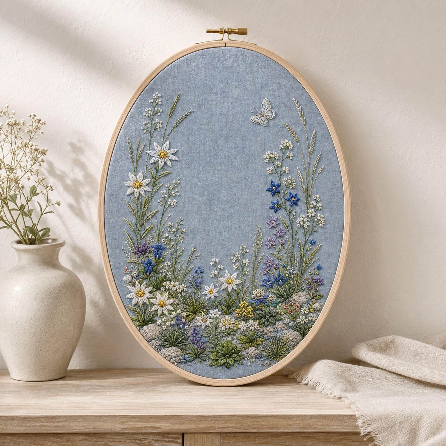 Alpine Flower Stone Blue embroidered project idea for the digital hand embroidery pattern and stitch guide