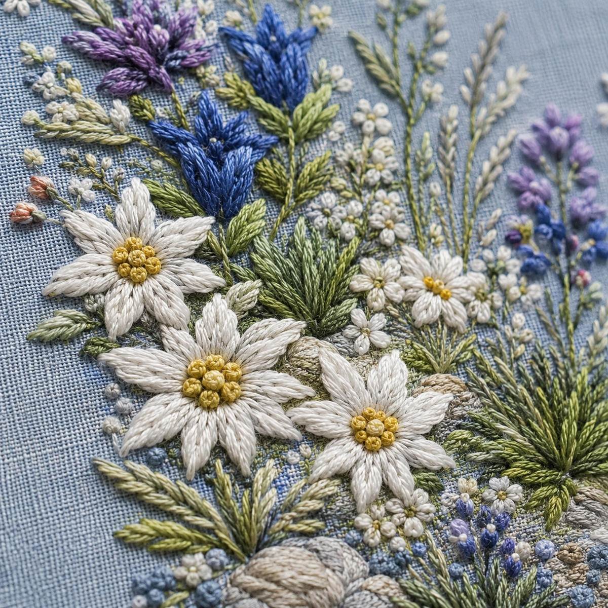 Alpine Flower Stone Blue stitch detail closeup for the digital hand embroidery pattern and stitch guide