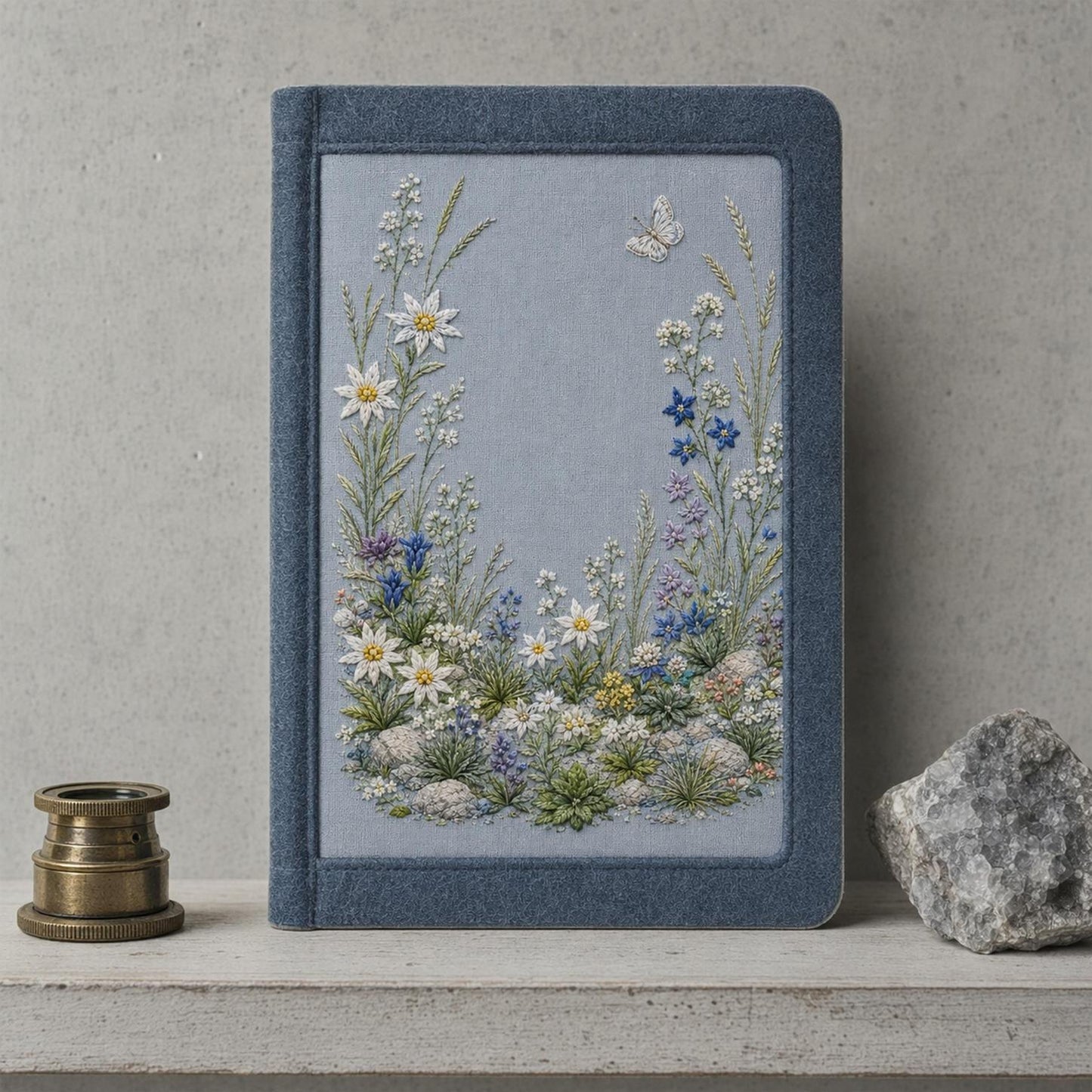 Alpine Flower Stone Blue framed textile display for the digital hand embroidery pattern and stitch guide