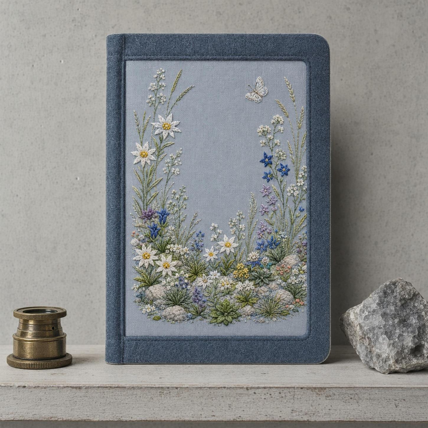 Alpine Flower Stone Blue framed textile display for the digital hand embroidery pattern and stitch guide