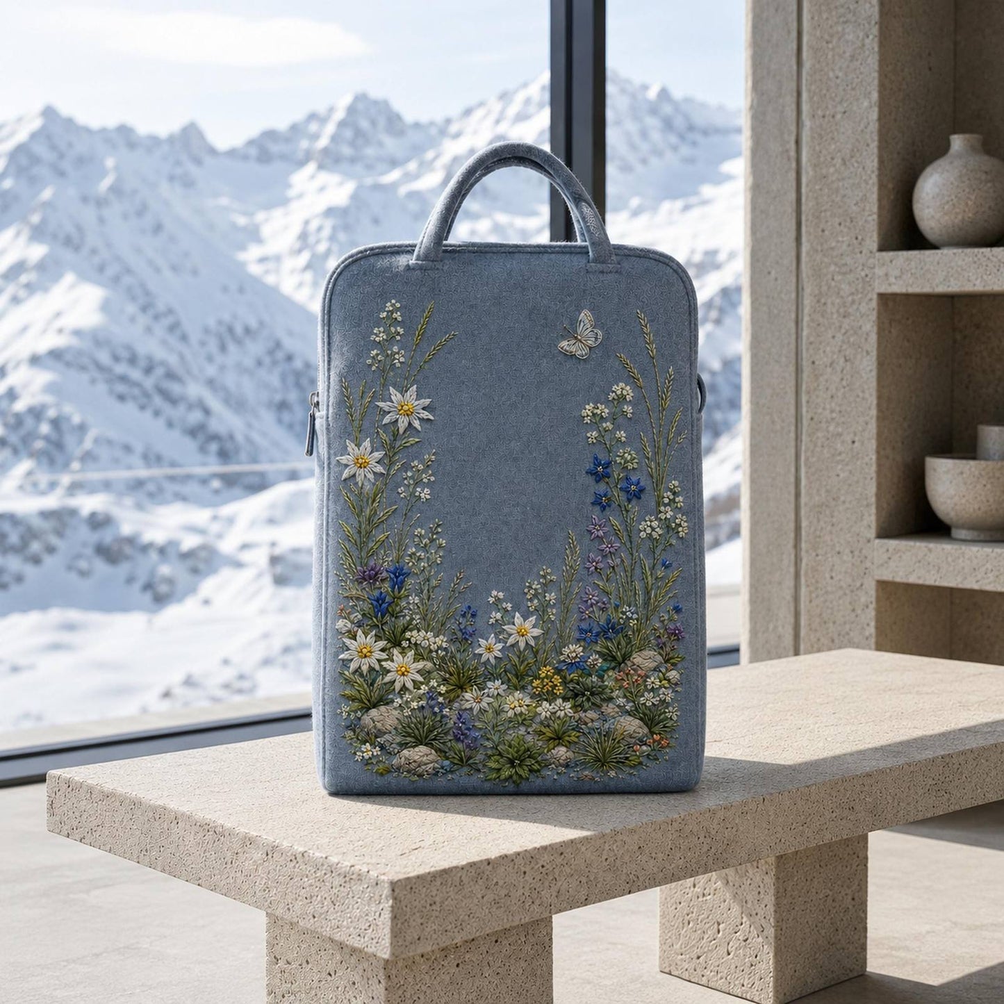 Alpine Flower Stone Blue embroidery portfolio display for the digital hand embroidery pattern and stitch guide