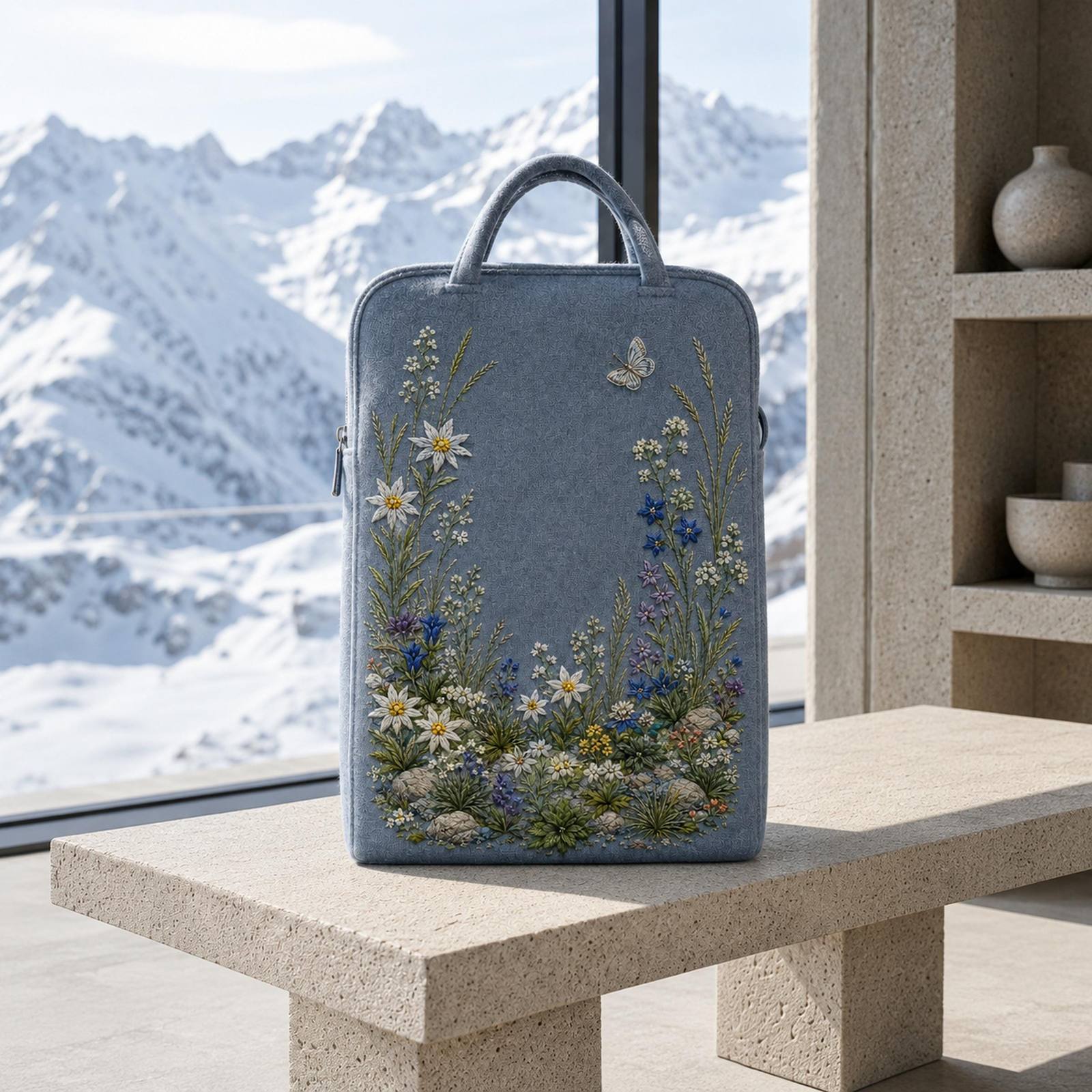 Alpine Flower Stone Blue embroidery portfolio display for the digital hand embroidery pattern and stitch guide